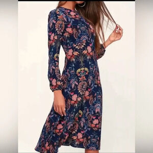 I Madeline A-Line Midi Dress Womens Navy Blue Floral Long Sleeve Fall Size Large